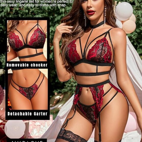 Lace Garter Lingerie Set W/Removable Choker Teddy Babydoll Strappy Bra&Panty Set - Picture 2 of 5